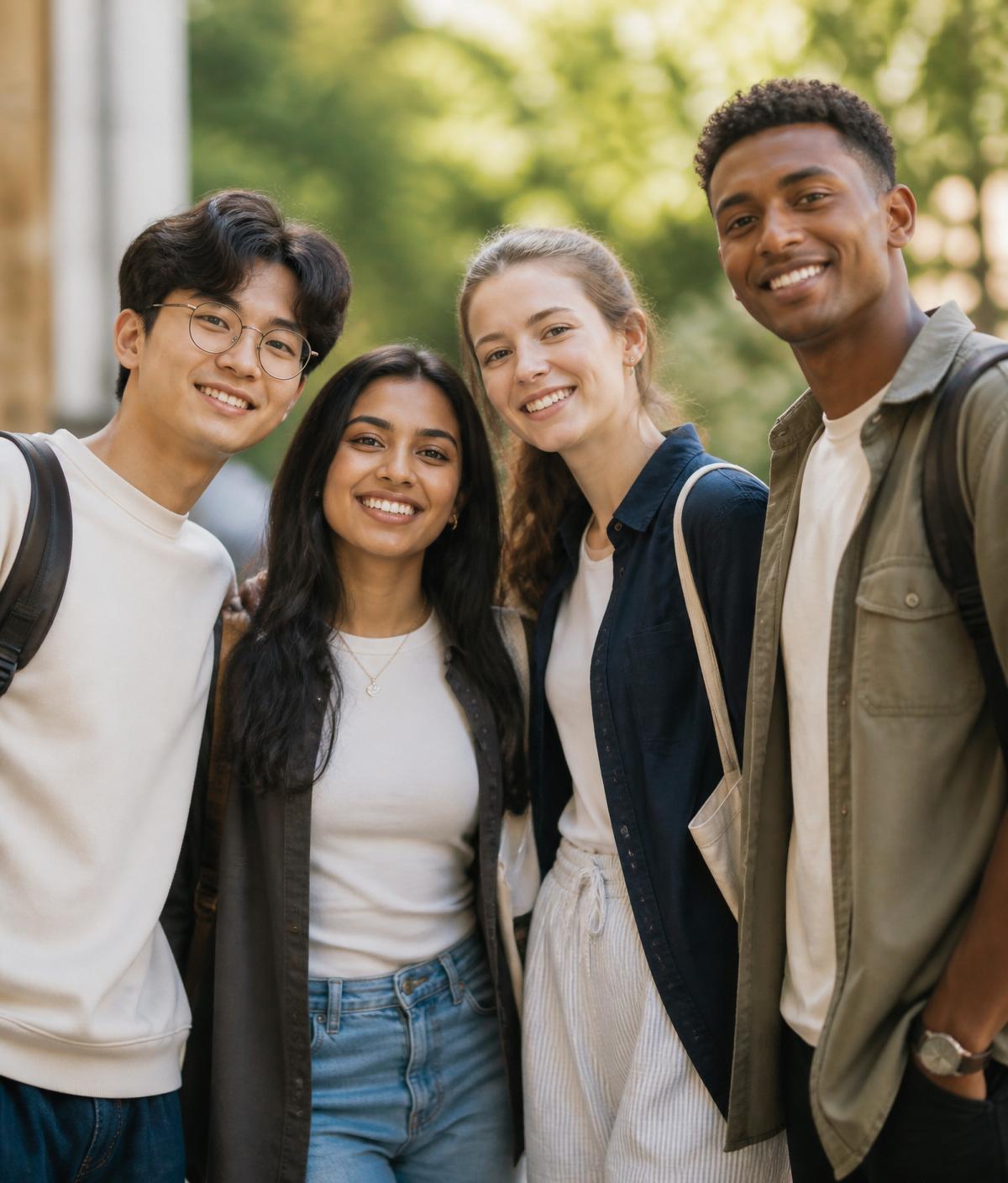 A group of university students smiling together on campus